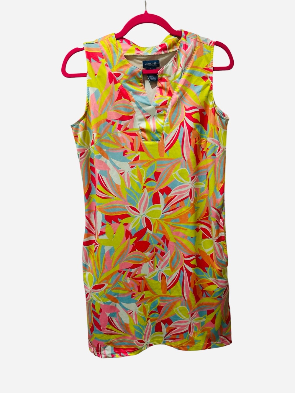 Sleeveless Multicolor Leaf-Print Tunic Dress with Pockets